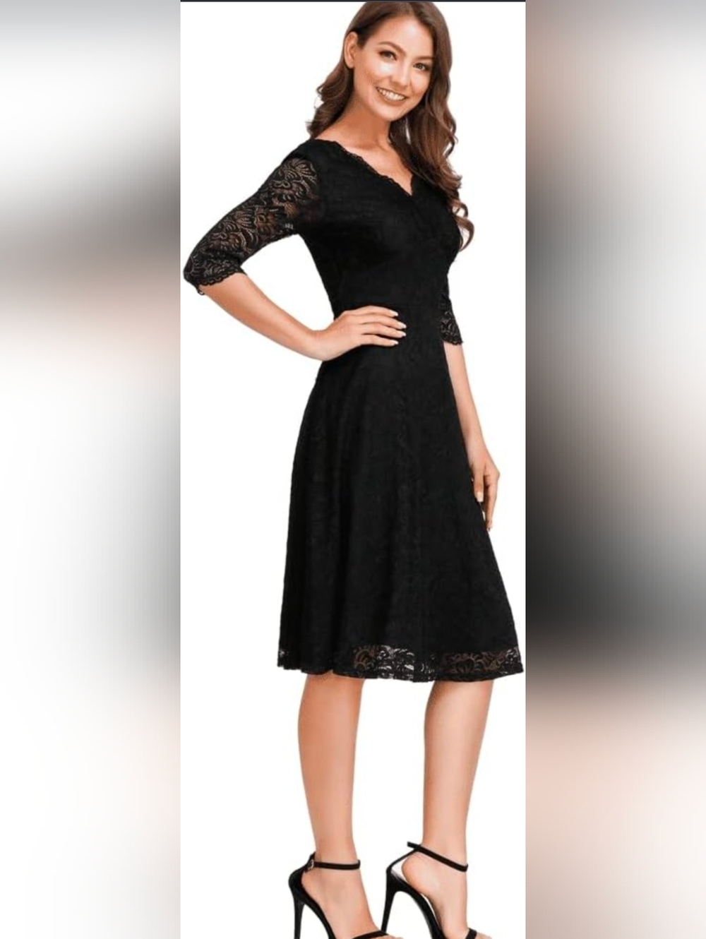 Jasambac Elegant Black Lace Midi Dress with V-Neck and Three-Quarter Sleeves